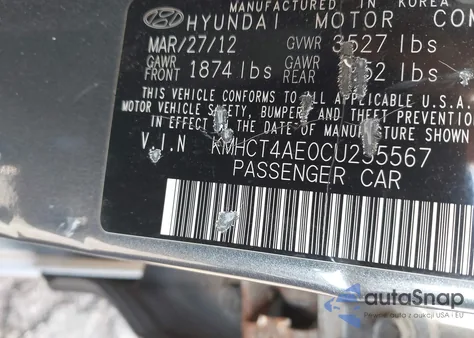 2012 Hyundai Accent Gls z USA, uszkodzony, nr VIN KMHCT4AE0CU255567